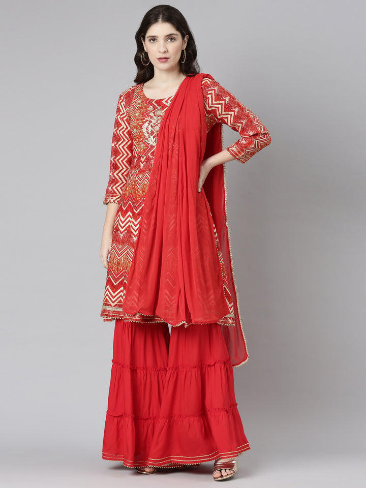 Neerus Red printed sharara set with dupatta - front view