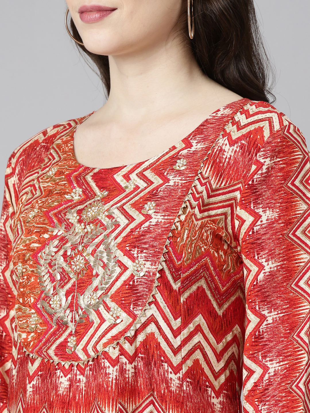Neerus Red printed sharara set with dupatta - detail view 1