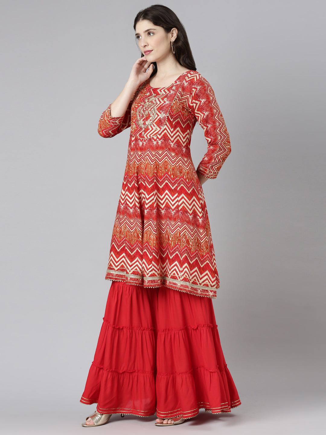 Neerus Red printed sharara set with dupatta - back view