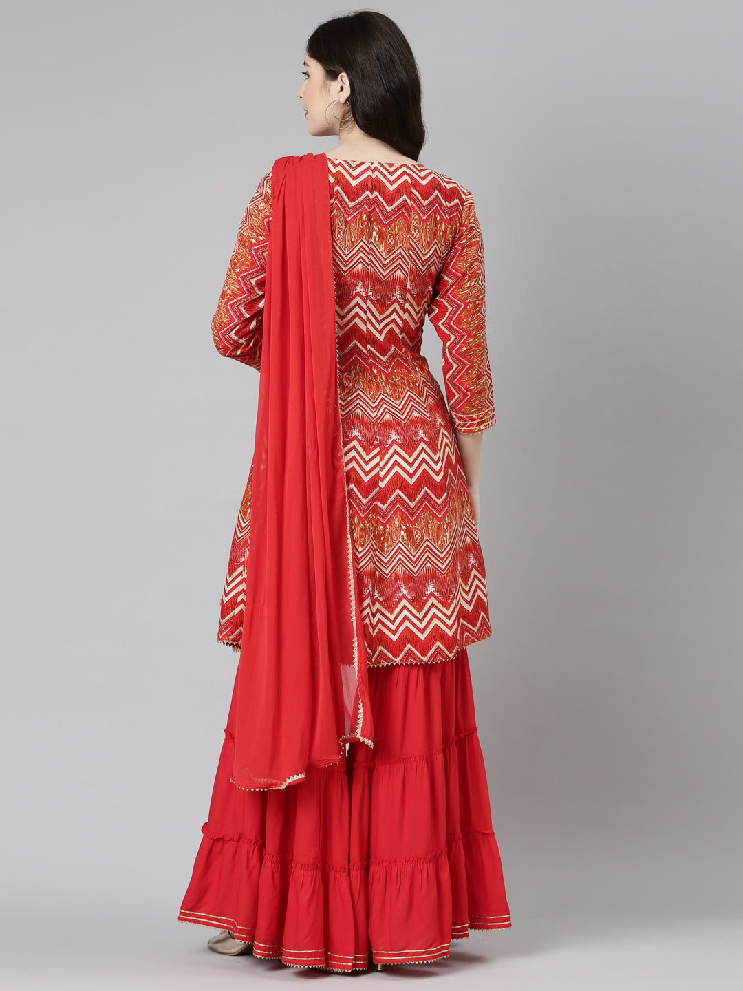 Neerus Red printed sharara set with dupatta - side view