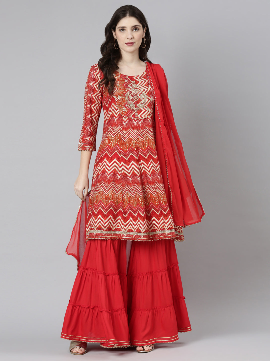 Neerus Red printed sharara set with dupatta - detail view 2
