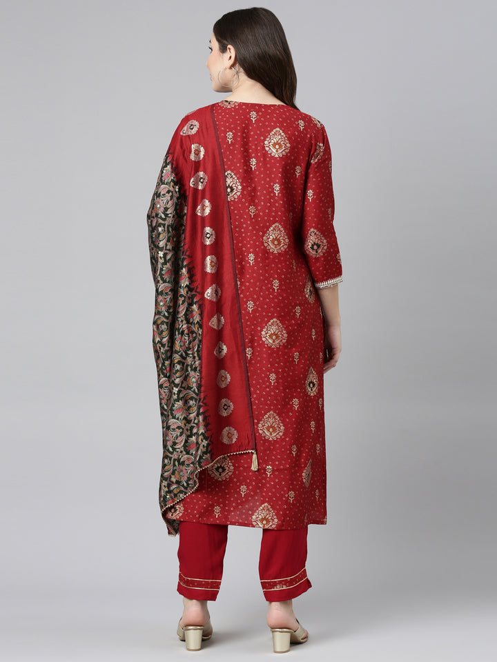 Neerus Red Regular Straight Printed Kurta And Trousers With Dupatta