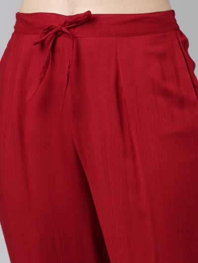 Neerus Red Regular Straight Printed Kurta And Trousers With Dupatta