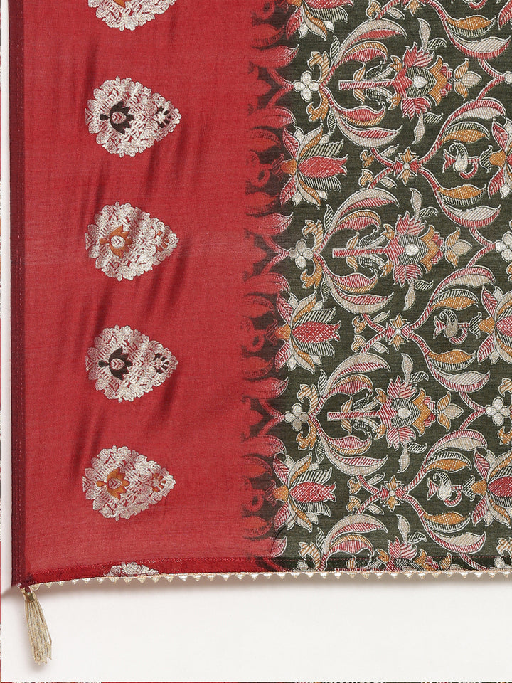 Neerus Red Regular Straight Printed Kurta And Trousers With Dupatta