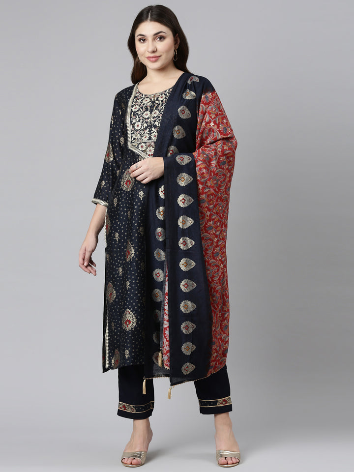 Neerus Blue printed straight kurta set with trouser and dupatta - front view
