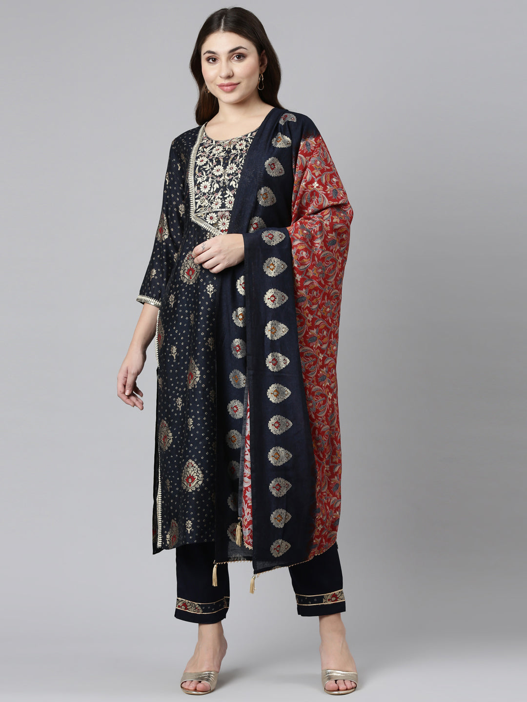 Neerus Navy Blue Regular Straight Printed Kurta And Trousers With Dupatta