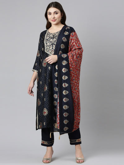 Neerus Navy Blue Regular Straight Printed Kurta And Trousers With Dupatta