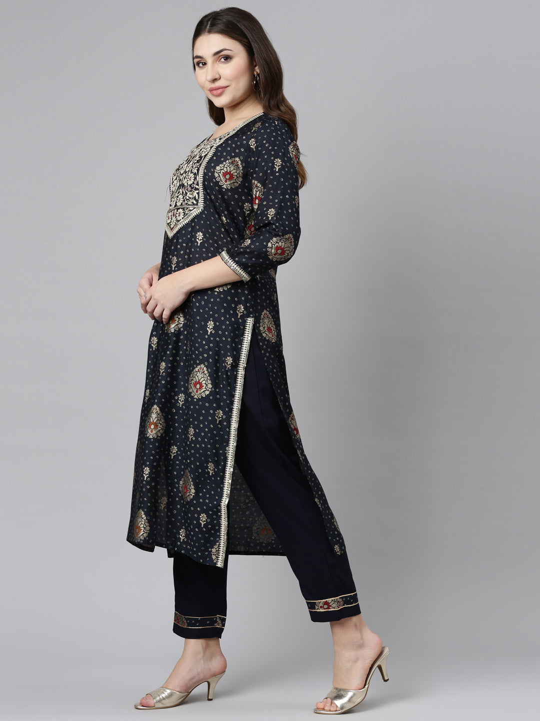 Neerus Navy Blue Regular Straight Printed Kurta And Trousers With Dupatta