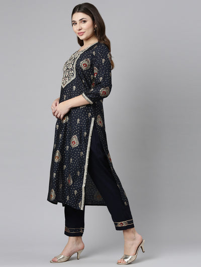 Neerus Navy Blue Regular Straight Printed Kurta And Trousers With Dupatta