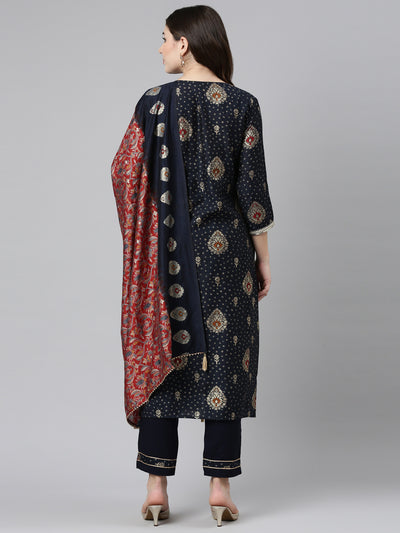 Neerus Navy Blue Regular Straight Printed Kurta And Trousers With Dupatta