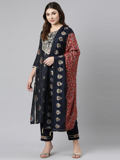 Neerus Navy Blue Regular Straight Printed Kurta And Trousers With Dupatta