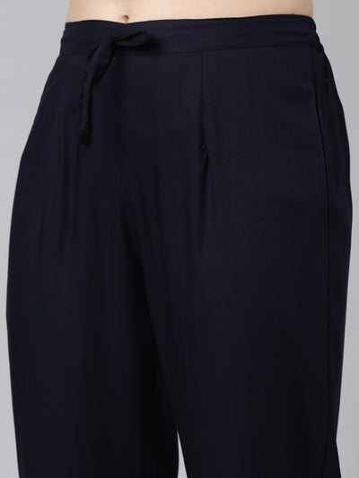 Neerus Navy Blue Regular Straight Printed Kurta And Trousers With Dupatta