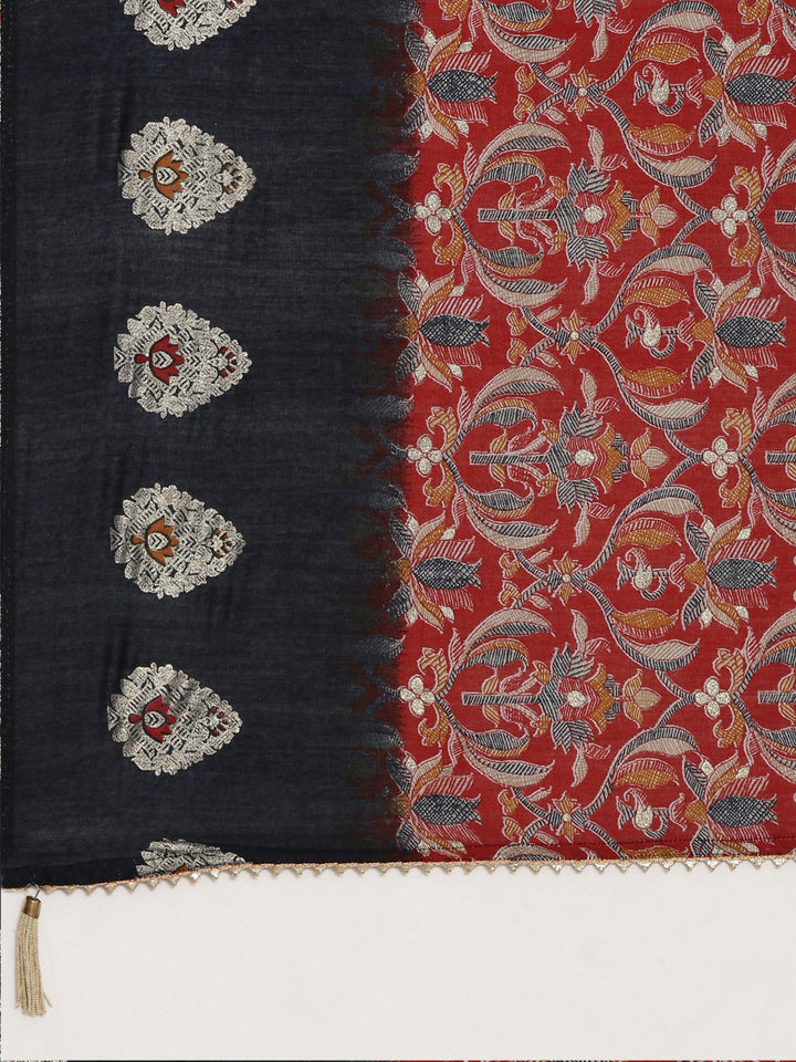 Neerus Blue printed straight kurta set with trouser and dupatta - detail view 4