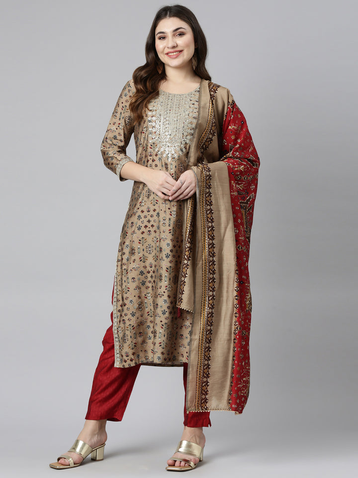 Neerus Beige printed straight kurta set with dupatta - front view