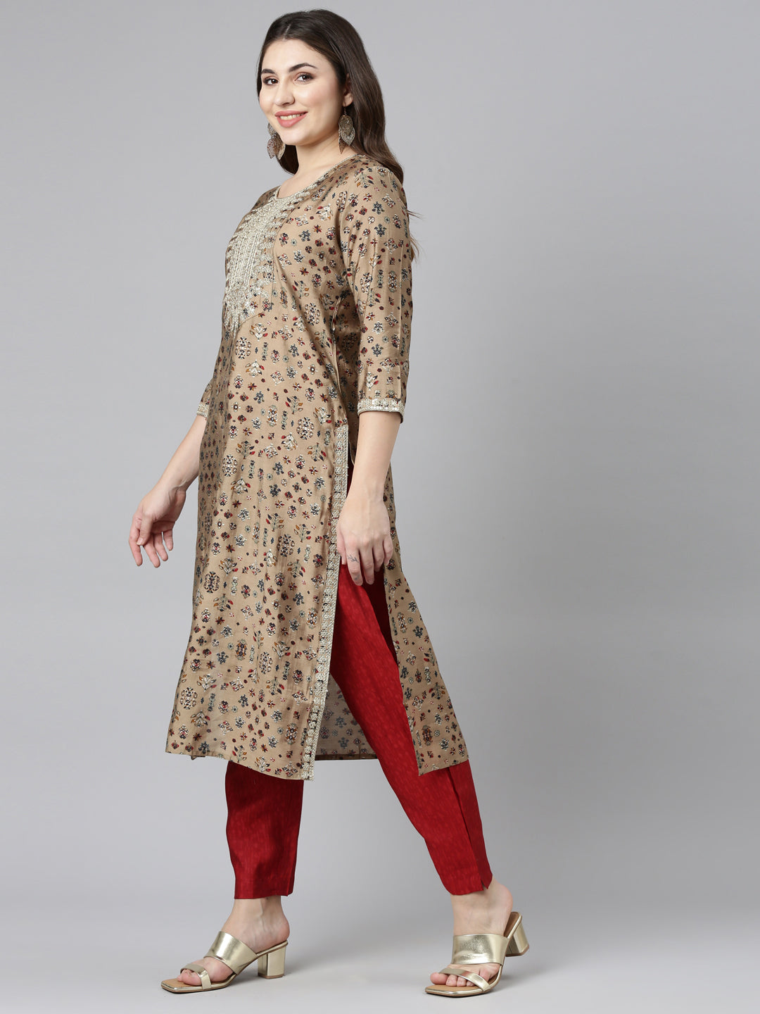 Neerus Beige printed straight kurta set with dupatta - back view