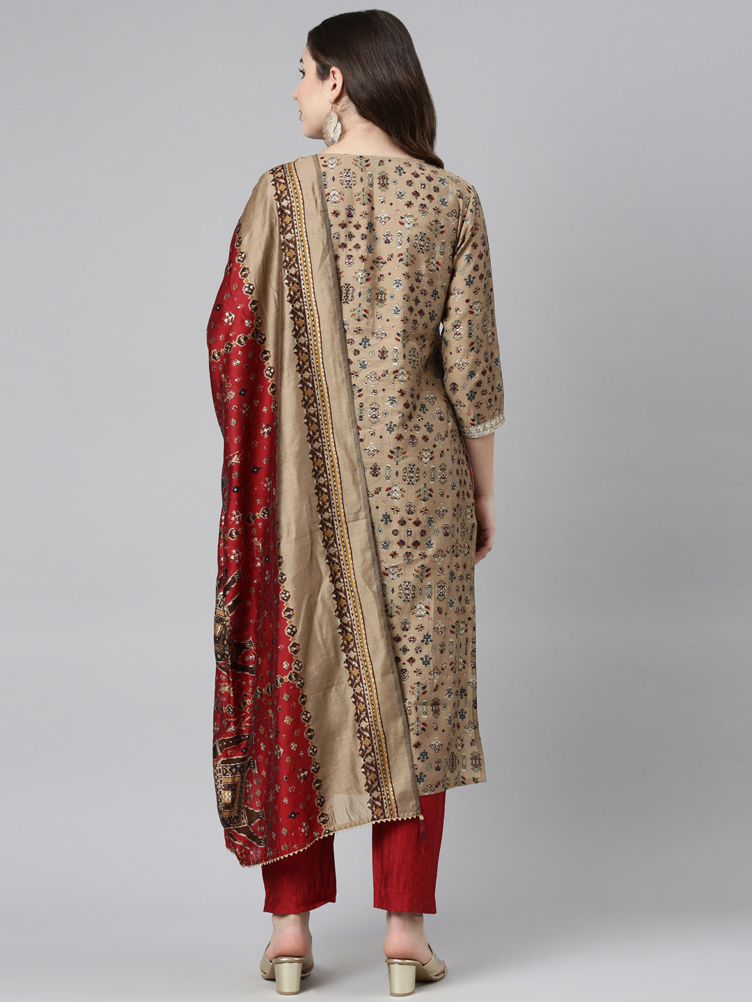 Neerus Beige printed straight kurta set with dupatta - side view