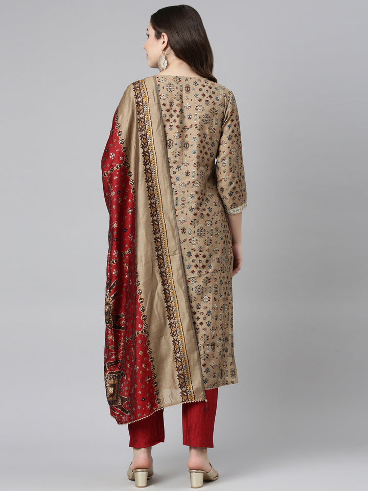 Neerus Beige printed straight kurta set with dupatta - side view