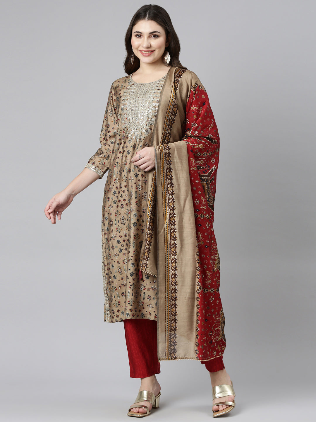 Neerus Beige printed straight kurta set with dupatta - detail view 2