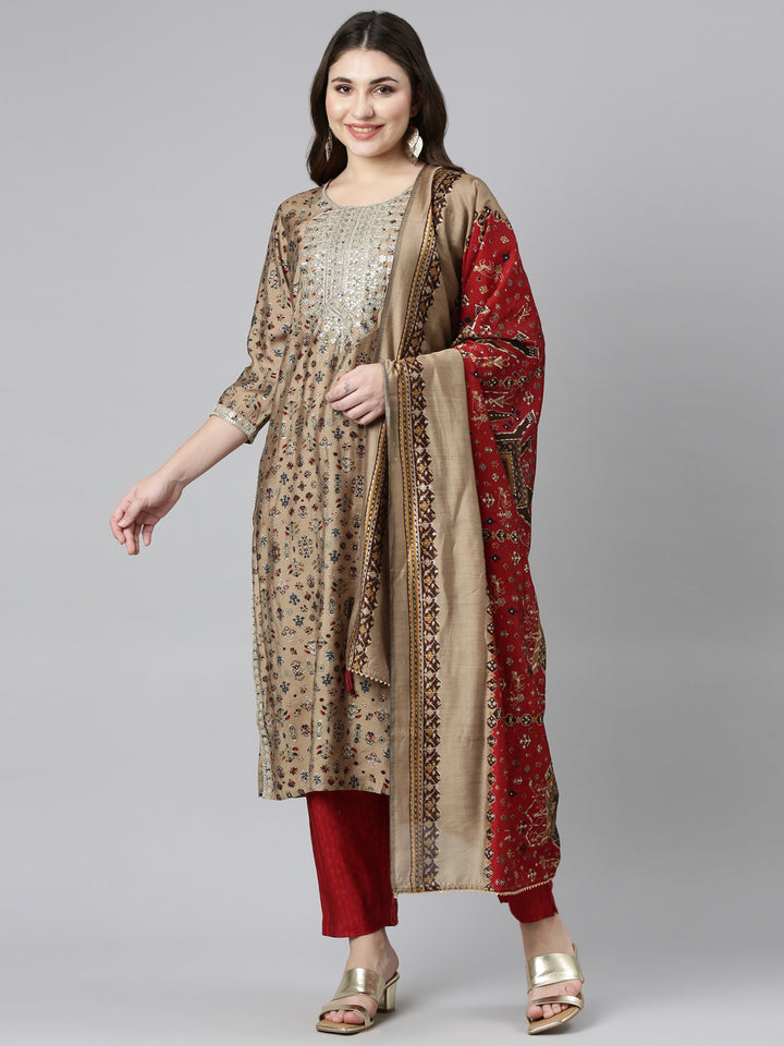 Neerus Beige printed straight kurta set with dupatta - detail view 2