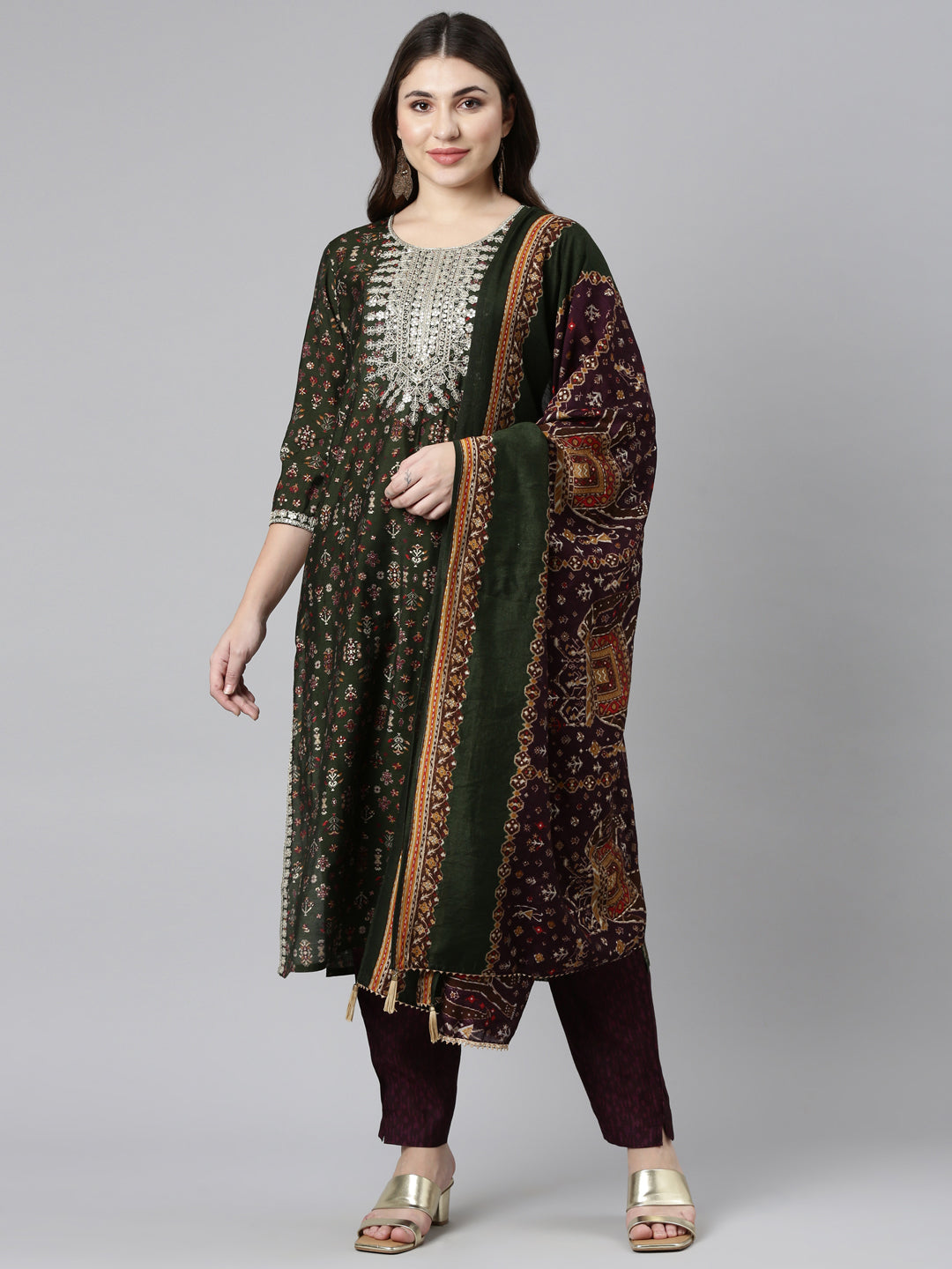 Neerus Green printed straight kurta set with dupatta - front view
