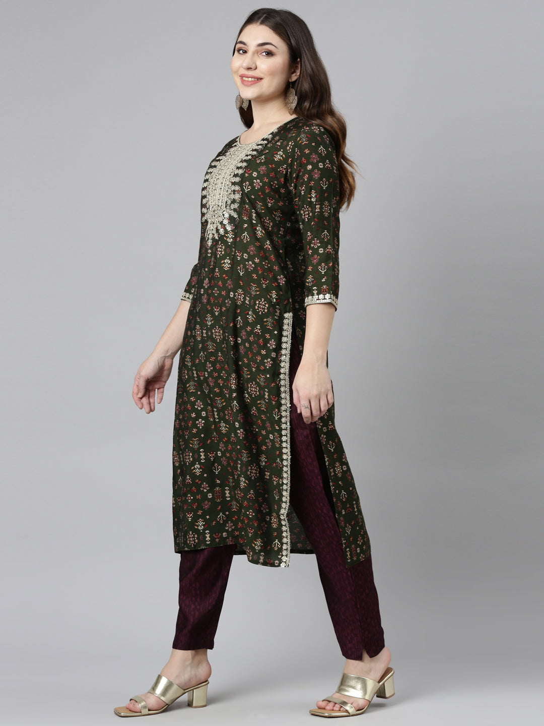 Neerus Green printed straight kurta set with dupatta - back view