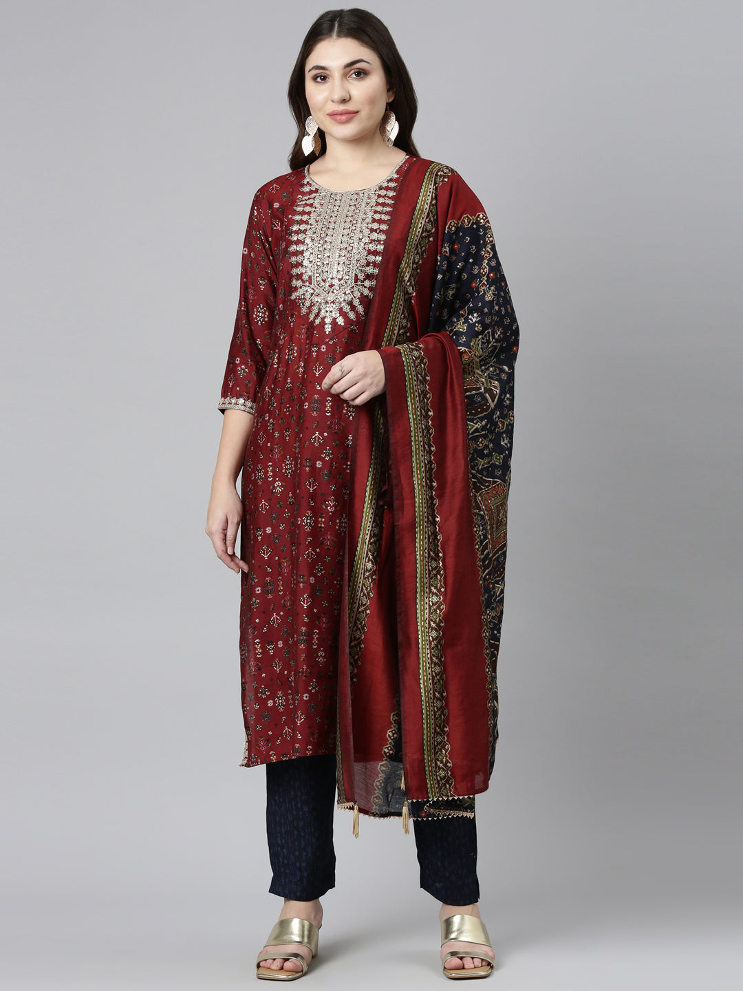 Neerus Maroon printed straight kurta set - front view