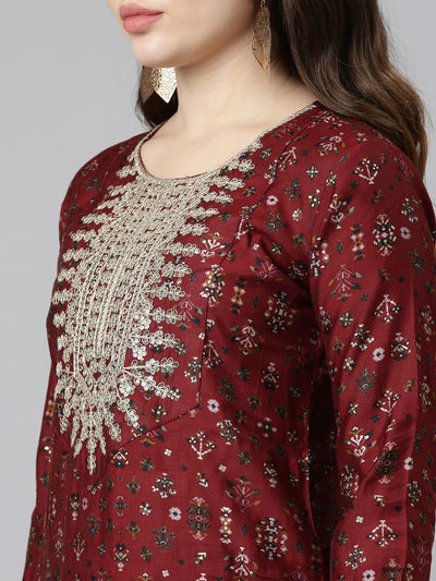 Neerus Maroon Regular Straight Printed Kurta And Trousers With Dupatta