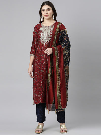 Neerus Maroon Regular Straight Printed Kurta And Trousers With Dupatta