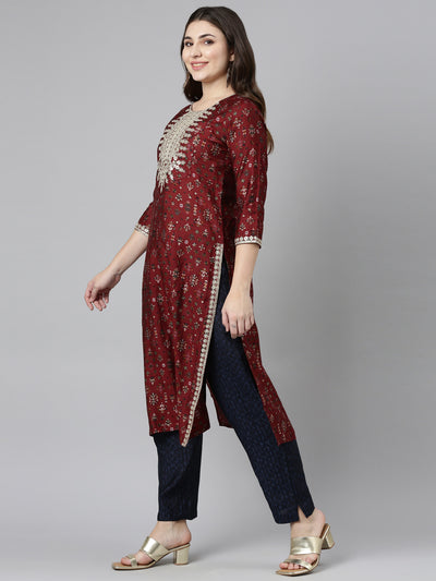 Neerus Maroon Regular Straight Printed Kurta And Trousers With Dupatta