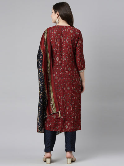 Neerus Maroon Regular Straight Printed Kurta And Trousers With Dupatta