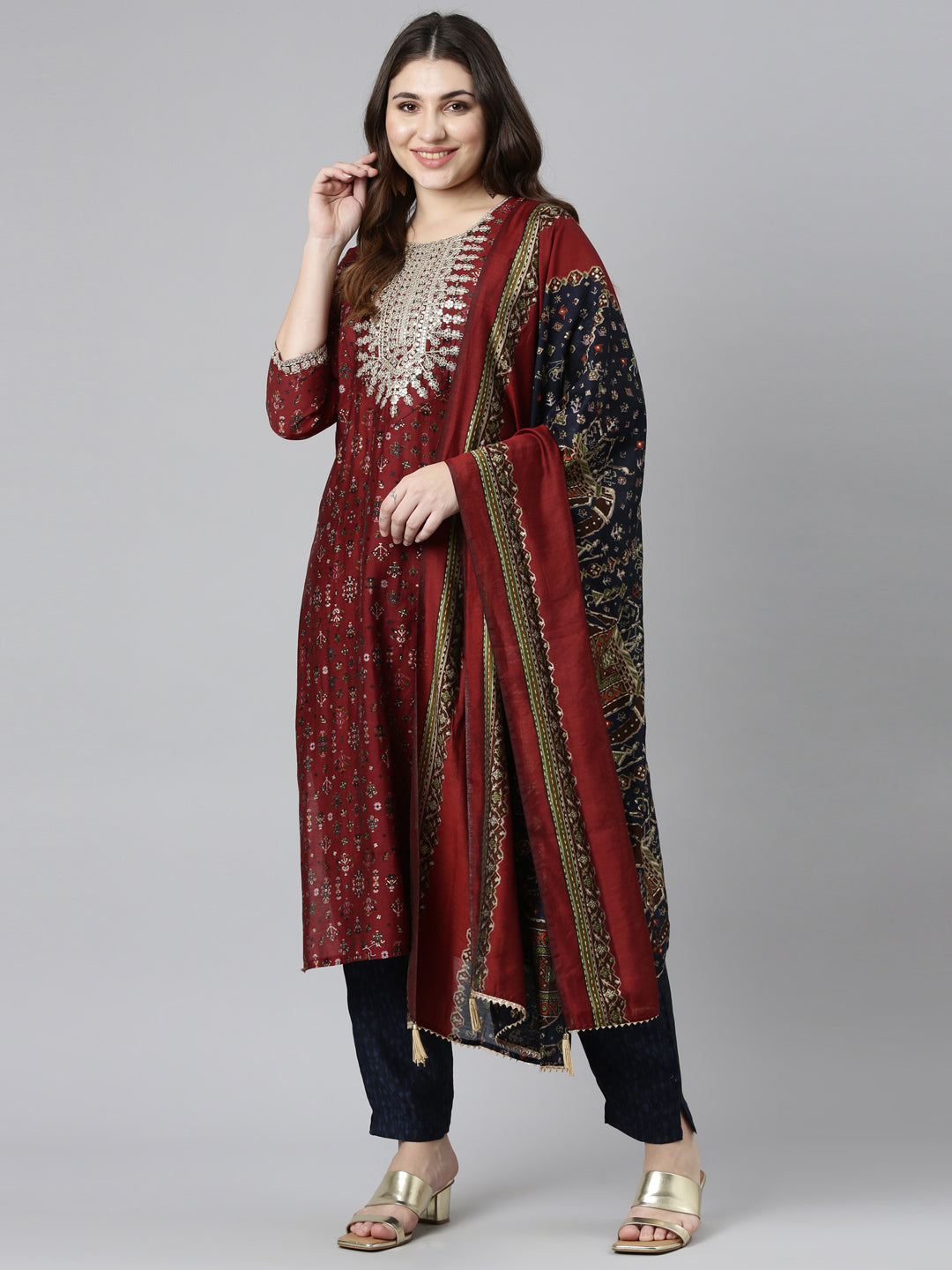 Neerus Maroon Regular Straight Printed Kurta And Trousers With Dupatta