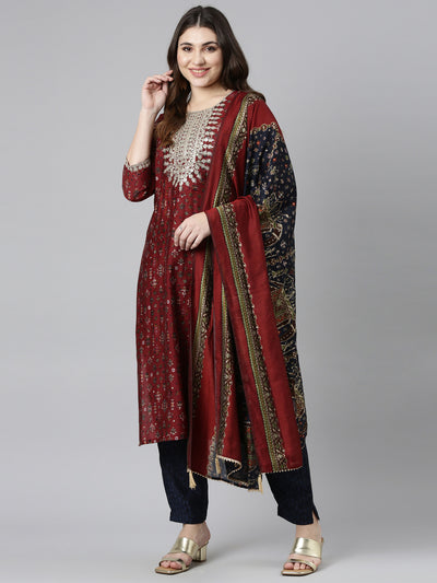 Neerus Maroon Regular Straight Printed Kurta And Trousers With Dupatta
