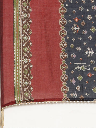Neerus Maroon Regular Straight Printed Kurta And Trousers With Dupatta