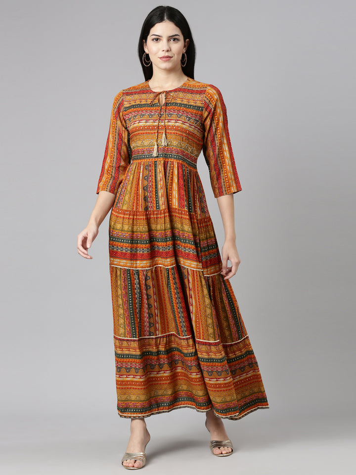 Neerus Yellow printed straight gown dress - front view