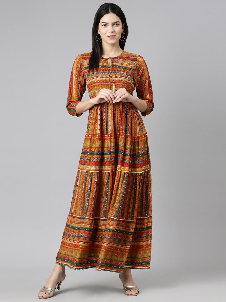 Neerus Yellow printed straight gown dress - detail view 2