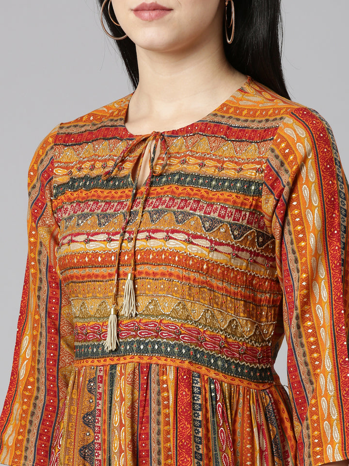Neerus Yellow printed straight gown dress - detail view 1