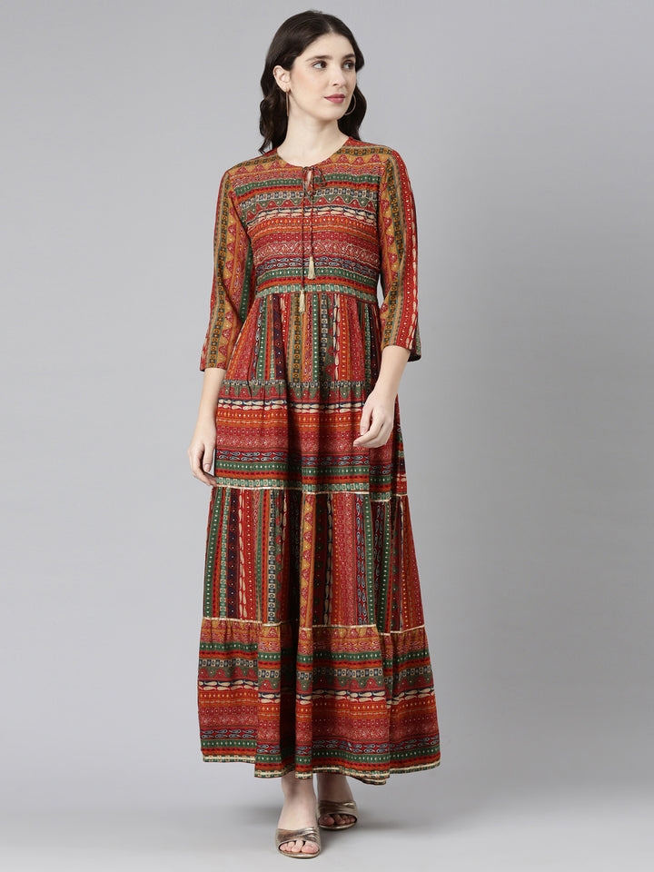 Neerus Orange Straight Casual Printed Gown