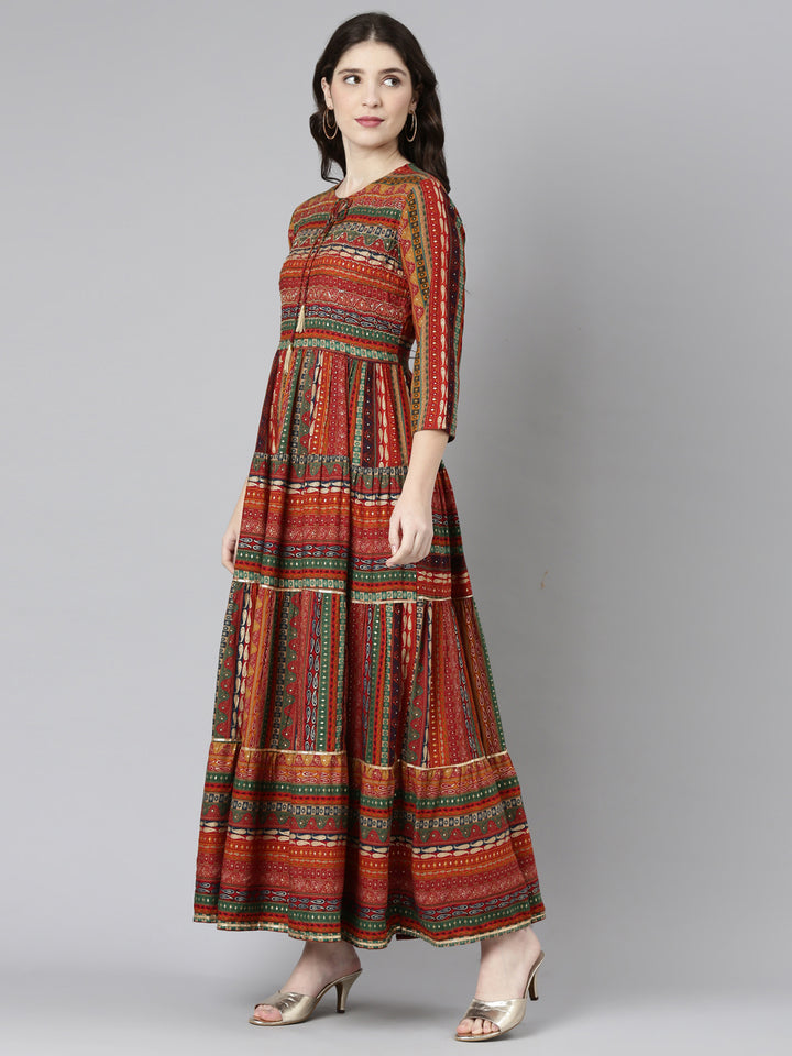 Neerus Orange Straight Casual Printed Gown