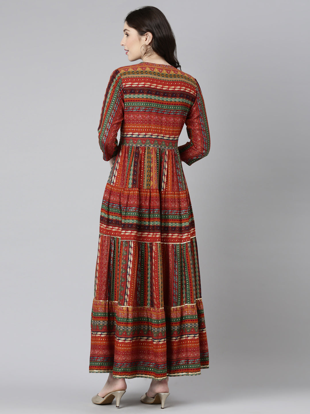 Neerus Orange Straight Casual Printed Gown