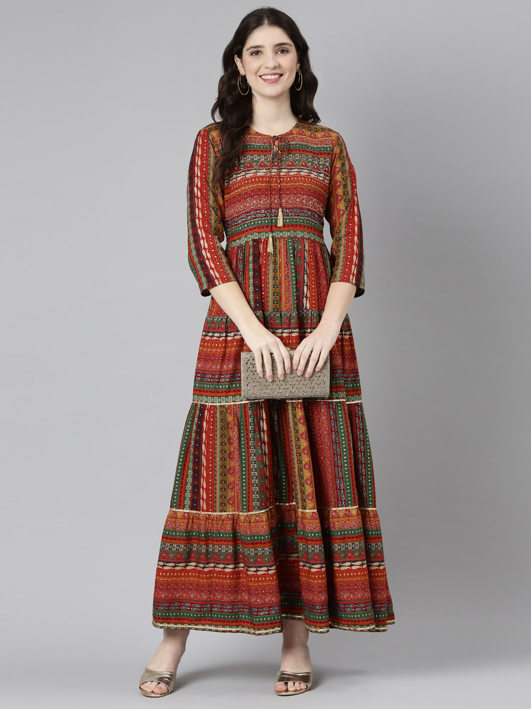 Neerus Orange Straight Casual Printed Gown