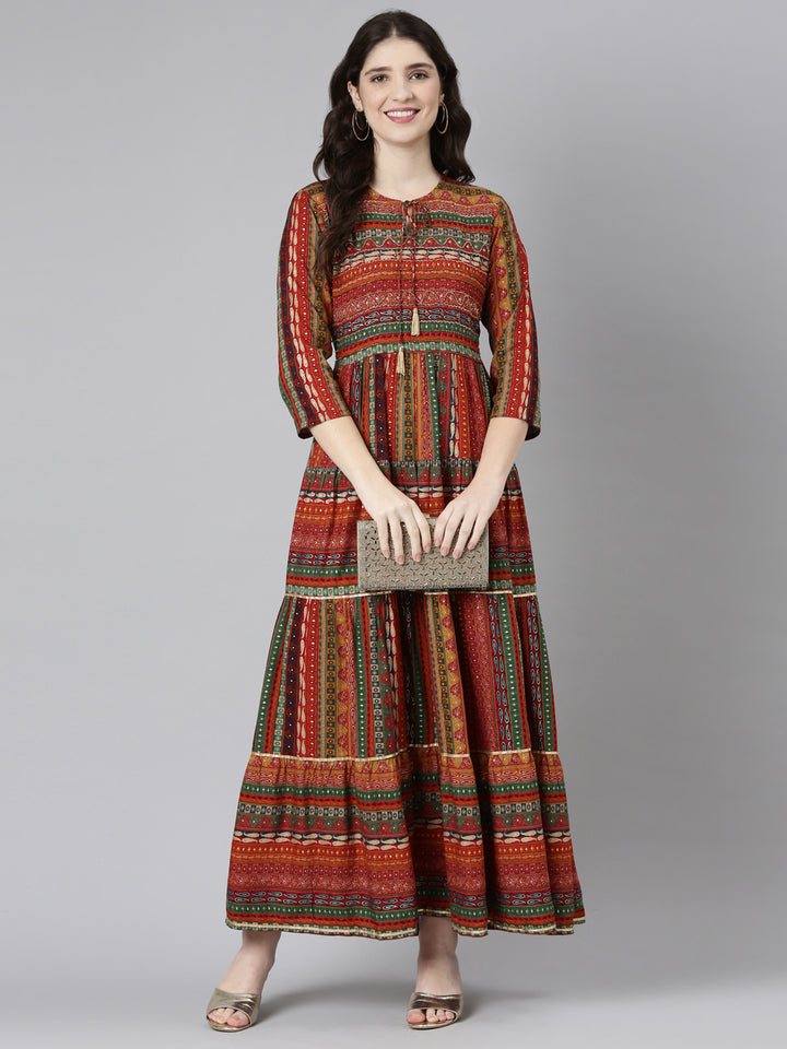 Neerus Orange Straight Casual Printed Gown