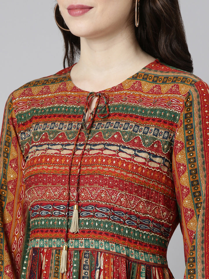 Neerus Orange Straight Casual Printed Gown