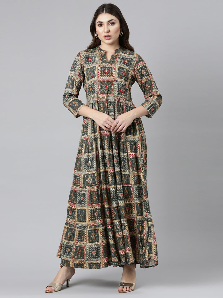 Neerus Olive Straight Casual Printed Gown
