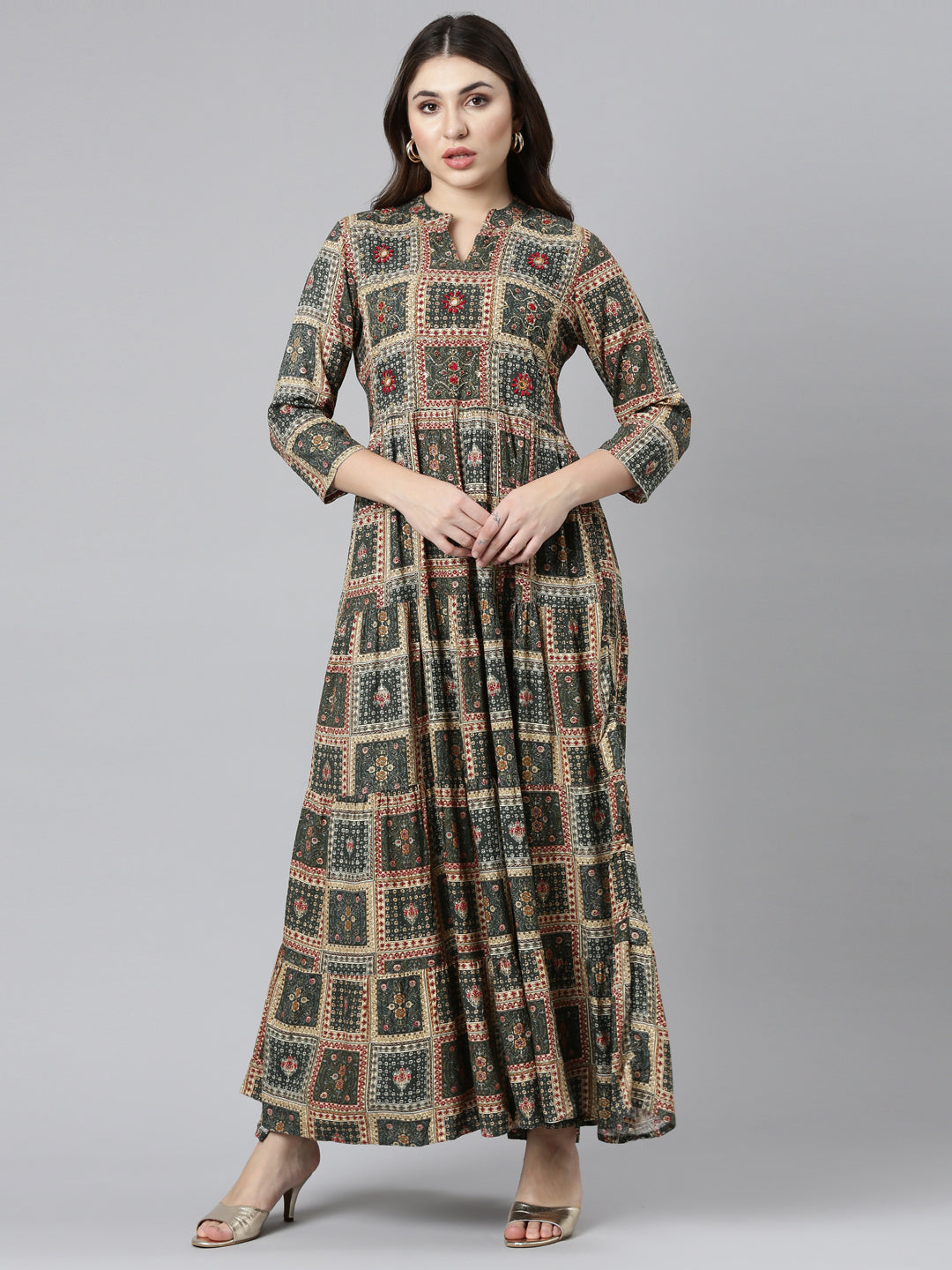 Neerus Olive Straight Casual Printed Gown