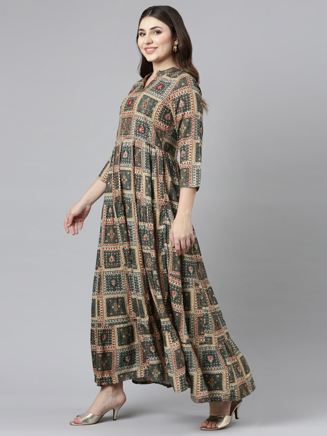 Neerus Olive Straight Casual Printed Gown