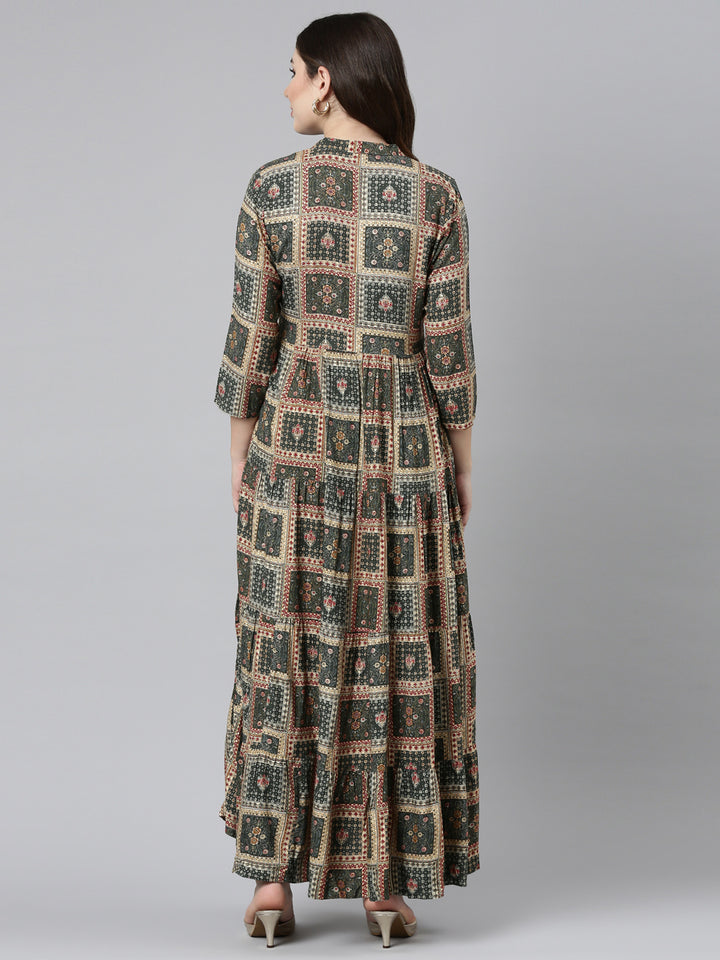 Neerus Olive Straight Casual Printed Gown