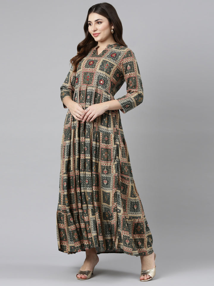 Neerus Olive Straight Casual Printed Gown