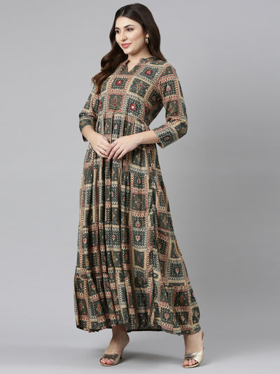 Neerus Olive Straight Casual Printed Gown