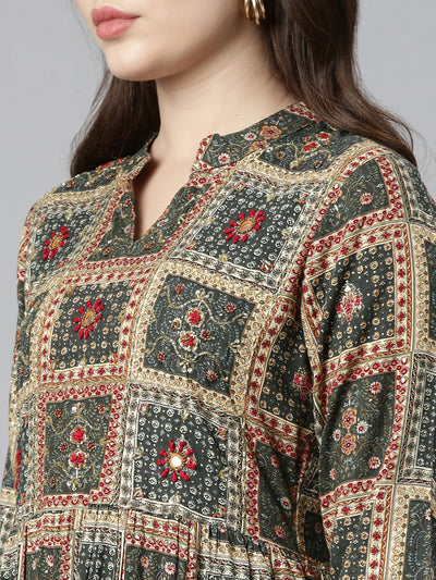 Neerus Olive Straight Casual Printed Gown