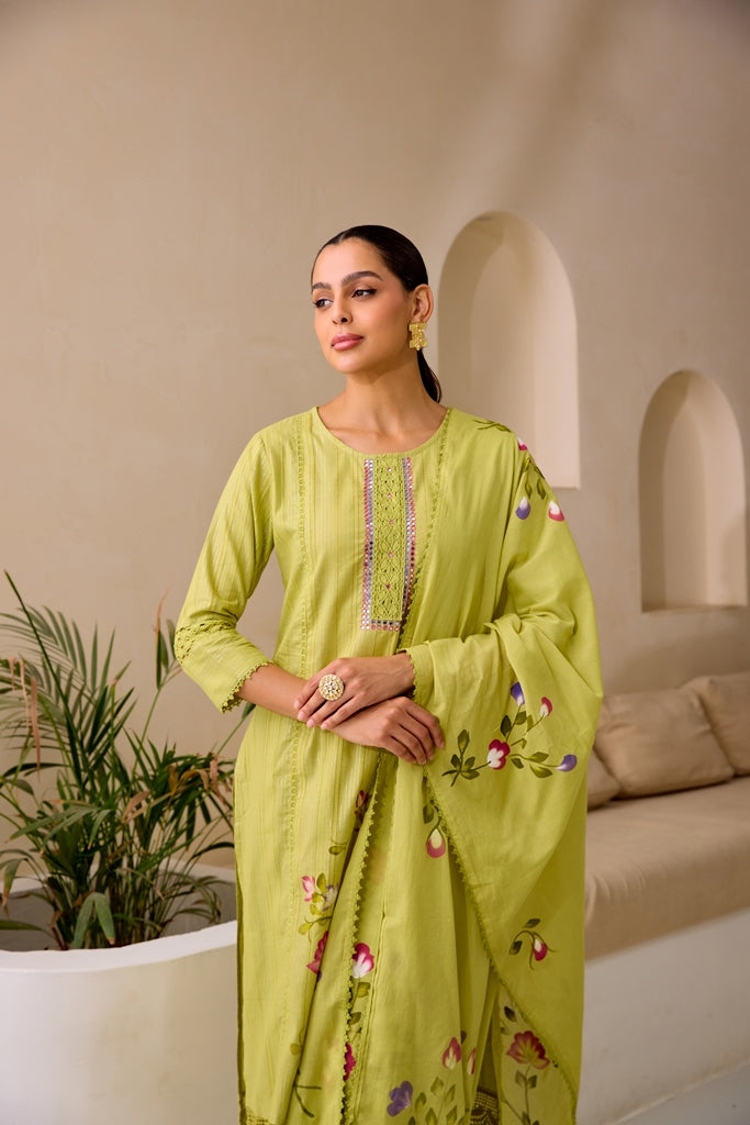Neerus Green embroidered straight kurta set with trouser and dupatta - detail view 2